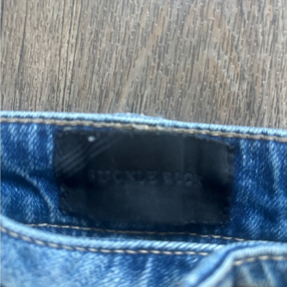 Blue Distressed Jean Shorts with Frayed Hem - Picture 2 of 6